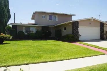 Suburban house with manicured lawn